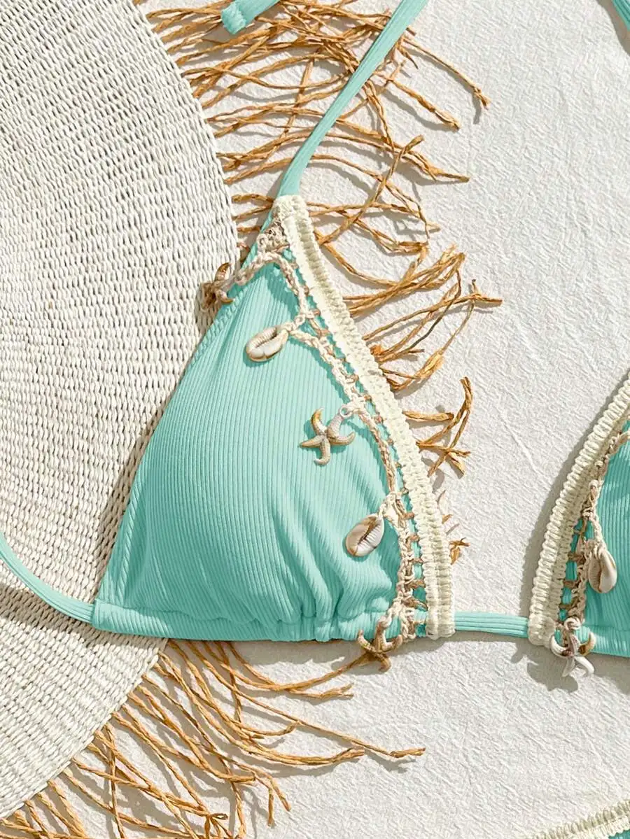 Women Solid Color Triangle Bikini Set With Shell And Fringe Decoration For Beach Vacation
Women Solid Color Triangle Bikini Set With Shell And Fringe Decoration For Beach Vacation