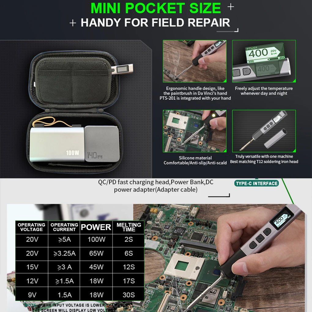Mini Fast Heating Soldering Station PTS201 100W Portable Smart Electric Soldering Iron Universal TS101/TS100 Soldering Iron Tip
Mini Fast Heating Soldering Station PTS201 100W Portable Smart Electric Soldering Iron Universal TS101/TS100 Soldering Iron Tip