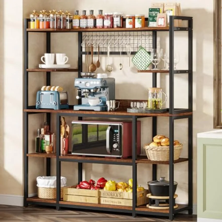 Large Bakers Rack for kitchen storage, rustic brown metal and wood, 55 wide with 11 hooks and 5-tier hutch cabinet, ideal for m
Large Bakers Rack for kitchen storage, rustic brown metal and wood, 55 wide with 11 hooks and 5-tier hutch cabinet, ideal for m