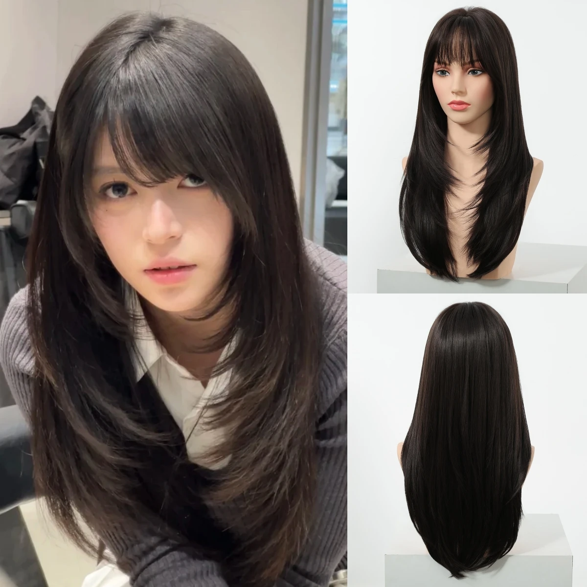 Synthetic Layered Wigs Long Straight Fake Hair With Bangs For Women Heat Resistant Fiber Natural Brown Hair Daily Party Wigs
Synthetic Layered Wigs Long Straight Fake Hair With Bangs For Women Heat Resistant Fiber Natural Brown Hair Daily Party Wigs
