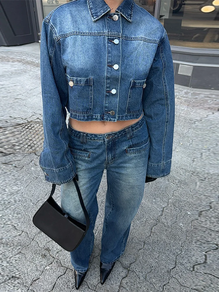 Lapel Denim Short Jackets Pants Sets Women Casual Single Breasted Tops Suit With Wide Leg Jeans Lady 2025 High Street Outfits
Lapel Denim Short Jackets Pants Sets Women Casual Single Breasted Tops Suit With Wide Leg Jeans Lady 2025 High Street Outfits 