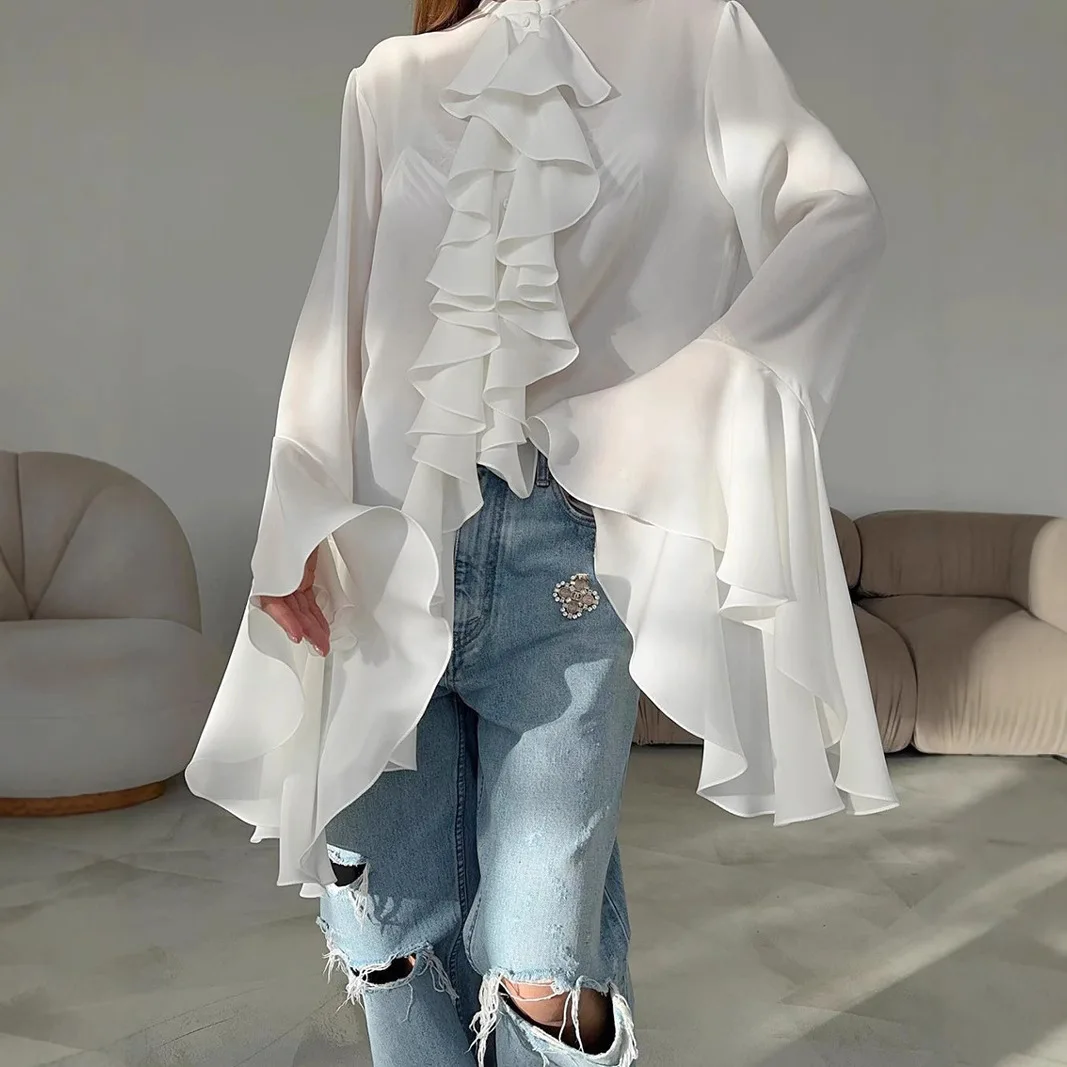 See-through Ruffle Shirt Top Women's White O-Neck Long Sleeve Shirt Casual Single-Breasted Loose Patchwork Shirt Top
See-through Ruffle Shirt Top Women's White O-Neck Long Sleeve Shirt Casual Single-Breasted Loose Patchwork Shirt Top