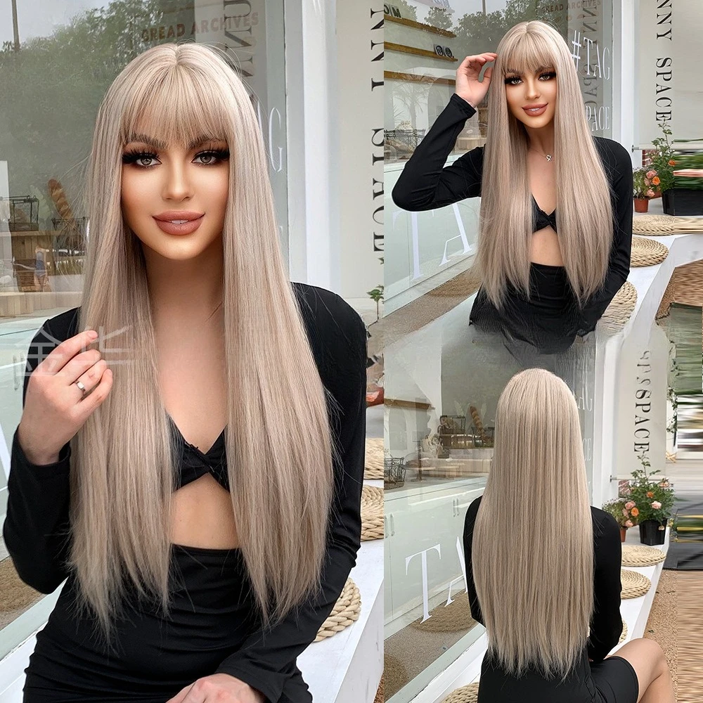 European and American style wig female long straight hair Qi bangs gray gold wig cover realistic natural source wigs 
European and American style wig female long straight hair Qi bangs gray gold wig cover realistic natural source wigs