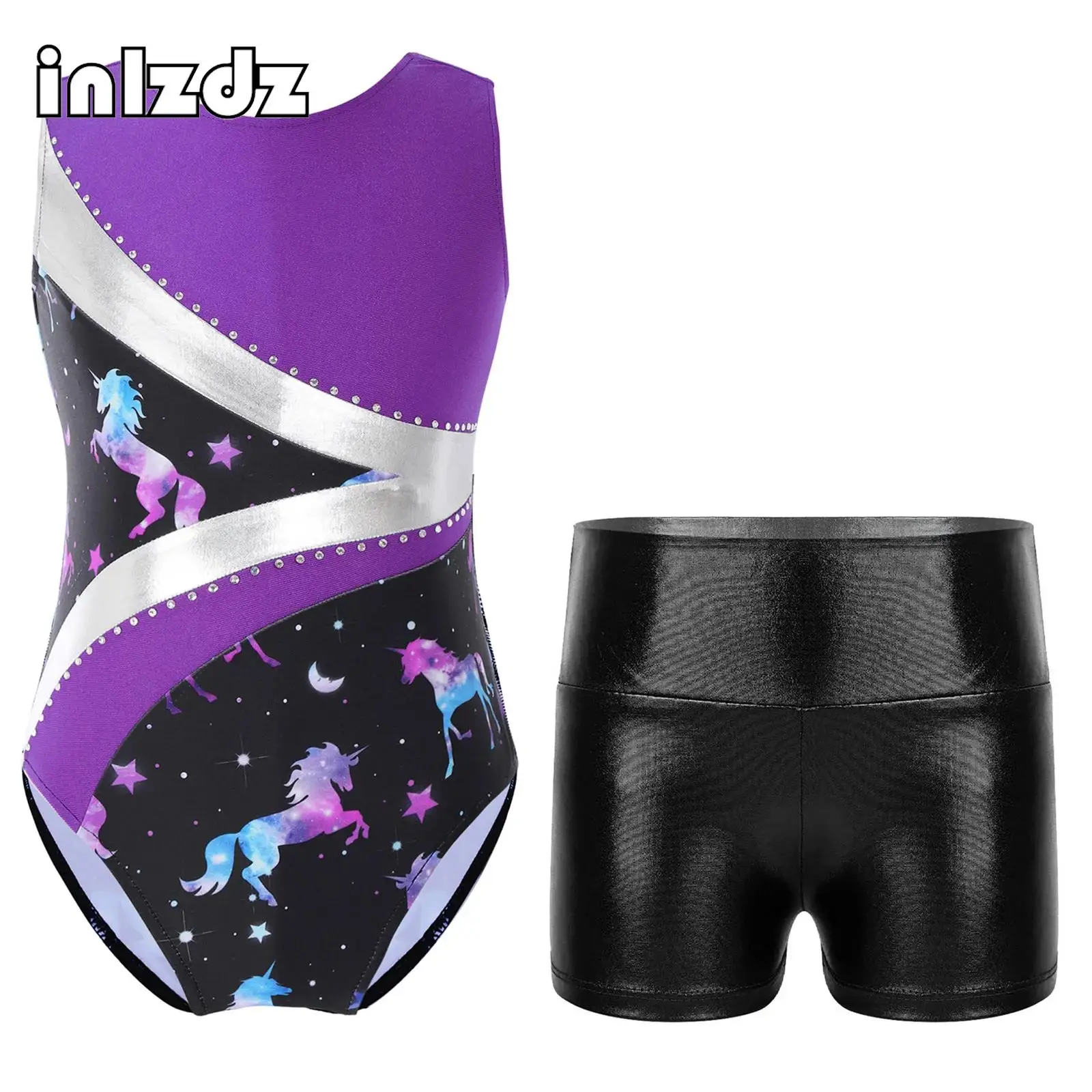 Kids Girls Gymnastics Outfit Sleeveless Round Neckline Shiny Rhinestone Patchwork Striped Print Leotard with Dance Shorts
Kids Girls Gymnastics Outfit Sleeveless Round Neckline Shiny Rhinestone Patchwork Striped Print Leotard with Dance Shorts