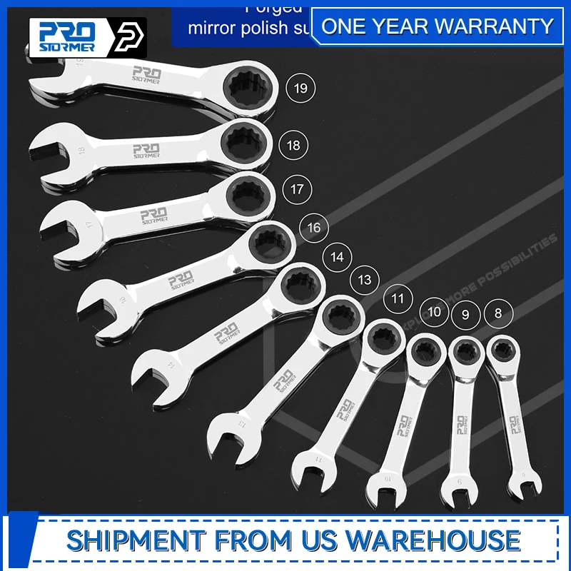 Stubby Ratcheting Combination Wrench Set 10-Piece 8-19mm Metric Chrome Vanadium Steel Ratchet Wrenches with Rolling Pouch
Stubby Ratcheting Combination Wrench Set 10-Piece 8-19mm Metric Chrome Vanadium Steel Ratchet Wrenches with Rolling Pouch