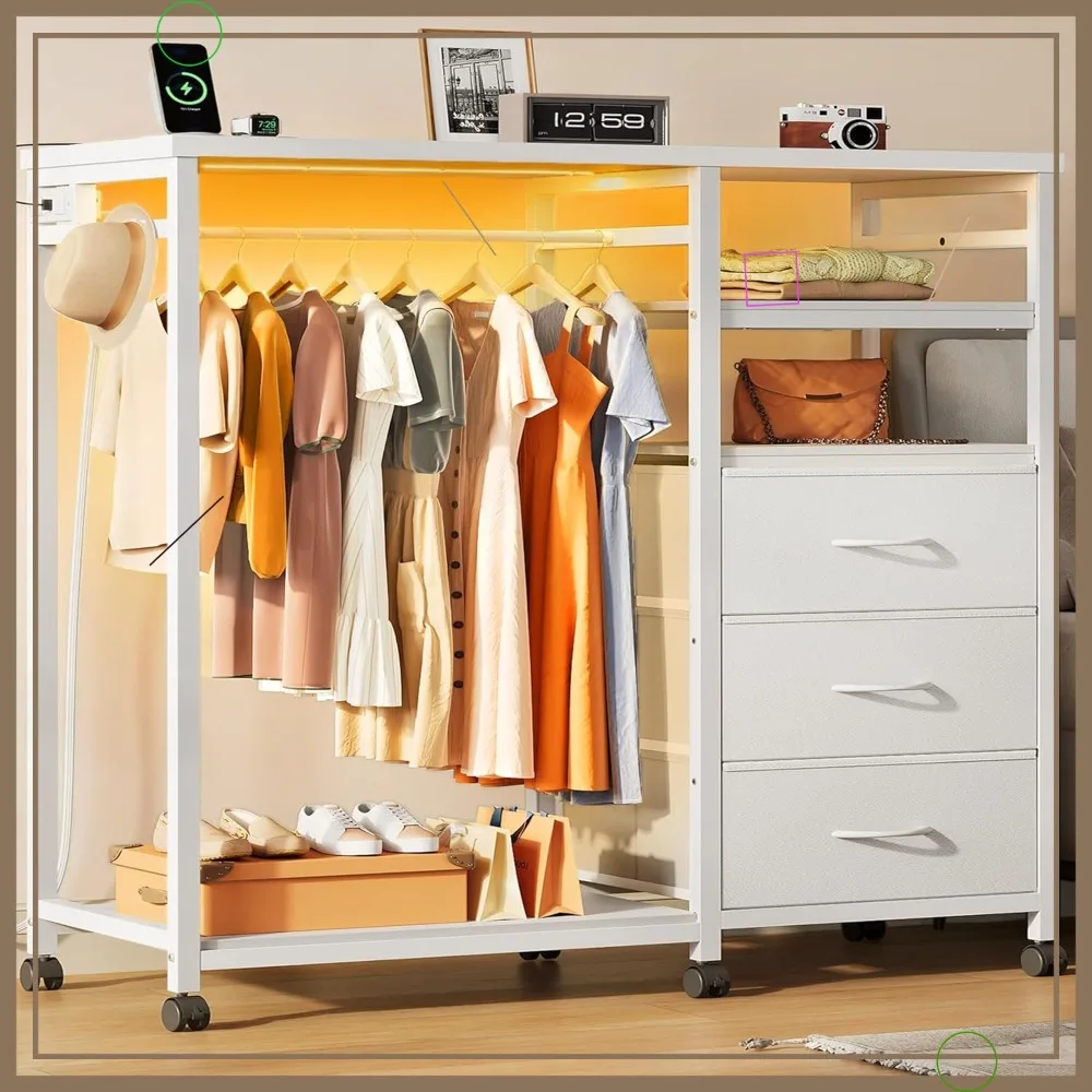 White Dresser with Hanging Rack, 3 Drawers, LED Lights & Charging Station for Bedroom Storage
White Dresser with Hanging Rack, 3 Drawers, LED Lights & Charging Station for Bedroom Storage