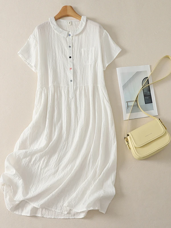 Loose Fit Short Sleeve Dress Women's High Waist A-Line Skirt Design Lazy Style Long Dress Artistic Flared Hemline Button Closure
Loose Fit Short Sleeve Dress Women's High Waist A-Line Skirt Design Lazy Style Long Dress Artistic Flared Hemline Button Closure