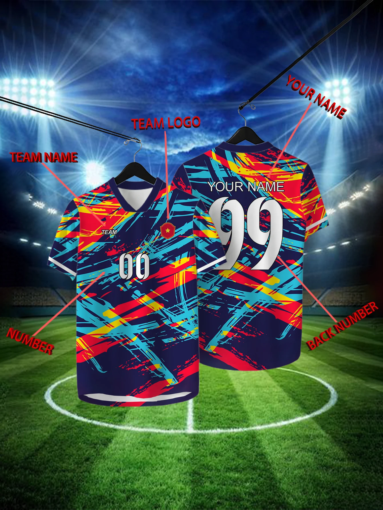 Customized Geometric Multi-color Short Sleeved Shirt with Team Name, Emblem, Name and Number, Outdoor Sports Short Sleeved Shirt
Customized Geometric Multi-color Short Sleeved Shirt with Team Name, Emblem, Name and Number, Outdoor Sports Short Sleeved Shirt