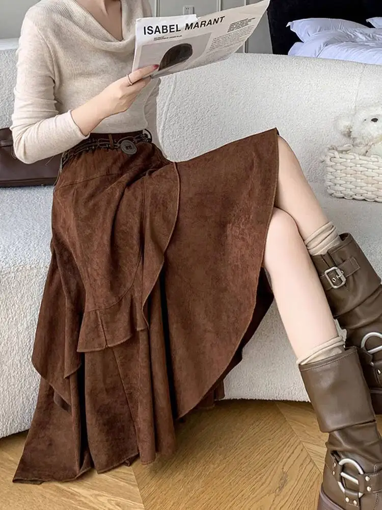 2025 Autumn Women's Retro Corduroy Midi Skirt Coffee Color A Line Style Asymmetric Ruffle with Tie Detail
2025 Autumn Women's Retro Corduroy Midi Skirt Coffee Color A Line Style Asymmetric Ruffle with Tie Detail