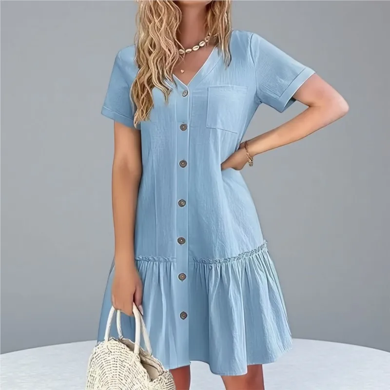 Single Breasted Cardigan Female Loose A-line Dress Fashion V-neck Short Sleeved Design With Pockets Dresses Lady Simple Vestidos
Single Breasted Cardigan Female Loose A-line Dress Fashion V-neck Short Sleeved Design With Pockets Dresses Lady Simple Vestidos