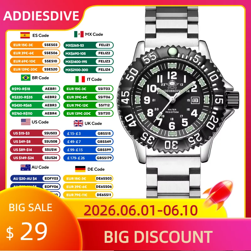 ADDIESDIVE 44mm MY-050S Japan 2115 Quartz Watches Tube Luminous 5Bar Waterproof Wristwatch Alloy Stainless Steel Wristwatches
ADDIESDIVE 44mm MY-050S Japan 2115 Quartz Watches Tube Luminous 5Bar Waterproof Wristwatch Alloy Stainless Steel Wristwatches