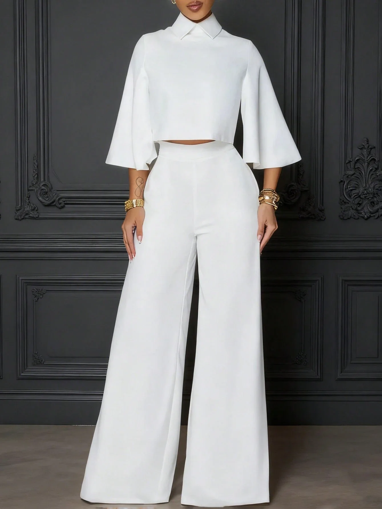 Elegant White Two-Piece Set Women Batwing Sleeve Crop Top And Wide Leg Pants With Pockets
Elegant White Two-Piece Set Women Batwing Sleeve Crop Top And Wide Leg Pants With Pockets