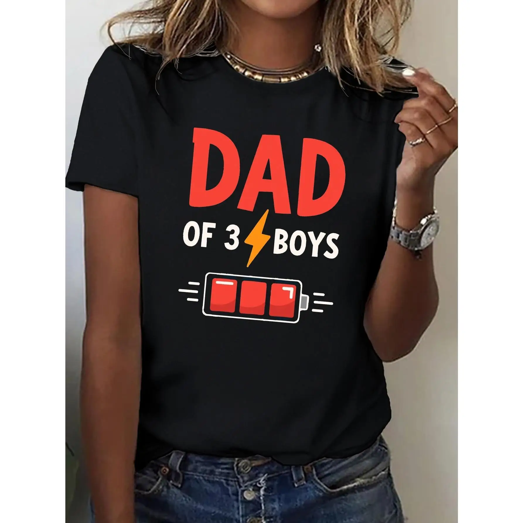 Women's "Dad of 3 s" Graphic T-Shirt - Humorous Battery Icon Design, 100% Cotton Comfort Fit Casual Short Sleeve Top, Machine Wa
Women's "Dad of 3 s" Graphic T-Shirt - Humorous Battery Icon Design, 100% Cotton Comfort Fit Casual Short Sleeve Top, Machine Wa