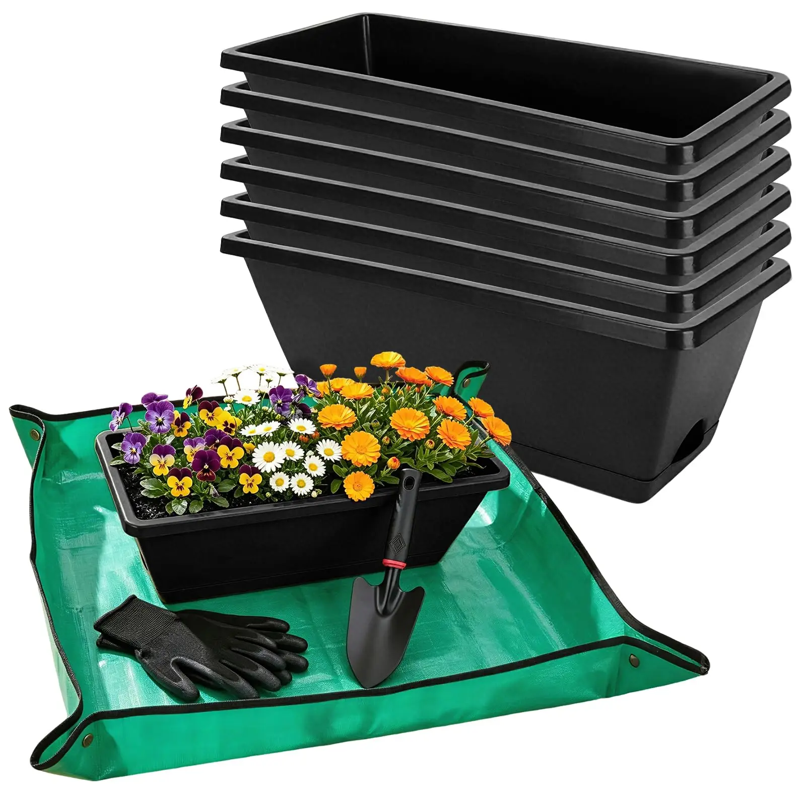 7 Black 17-Inch Rectangular Plastic Window Boxes With Trowel, Green Waterproof Mat, And Gardening Gloves For Indoor Outdoor Use
7 Black 17-Inch Rectangular Plastic Window Boxes With Trowel, Green Waterproof Mat, And Gardening Gloves For Indoor Outdoor Use