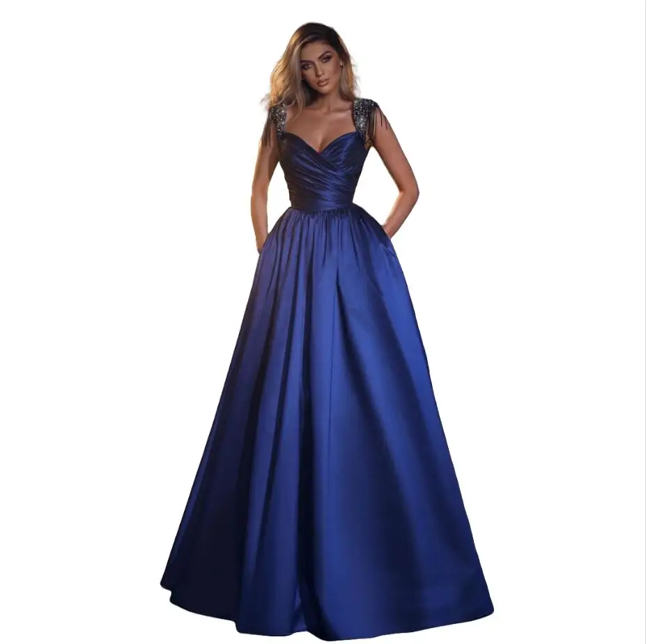 Blue Evening Dresses Customized Sequin Tassels Pageant Gown Fashion Pleat Satin Floor Length Party Vestido De Novia
Blue Evening Dresses Customized Sequin Tassels Pageant Gown Fashion Pleat Satin Floor Length Party Vestido De Novia