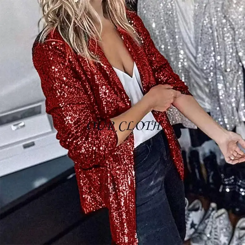 Повседневный блестящий блейзер с открытым передом для женщин, тонкие куртки с длинным рукавом и воротником с лацканами, вечернее
Повседневный блестящий блейзер с открытым передом для женщин, тонкие куртки с длинным рукавом и воротником с лацканами, вечернее