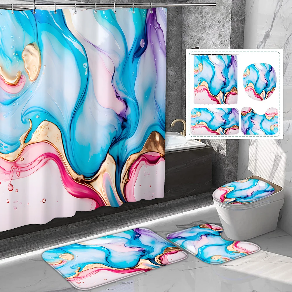 1 комплект занавесок для душа с принтом розового, синего мрамора и крючками, коврик для туалета и ванной комнаты, принадлежности для ванной комнаты 
1 комплект занавесок для душа с принтом розового, синего мрамора и крючками, коврик для туалета и ванной комнаты, принадлежности для ванной комнаты