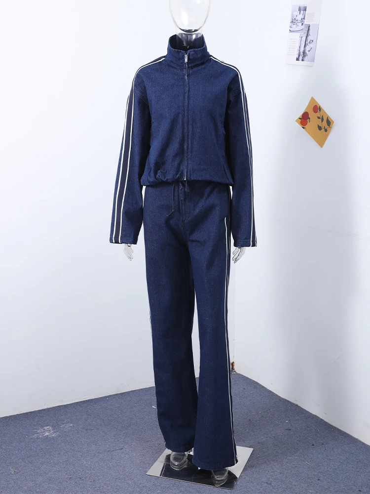 Spring New Women's Sporty Style Denim Suits Set With Side Stripes Zipper Short Jacket Matching High Waist Elastic Lace-Up Jeans
Spring New Women's Sporty Style Denim Suits Set With Side Stripes Zipper Short Jacket Matching High Waist Elastic Lace-Up Jeans