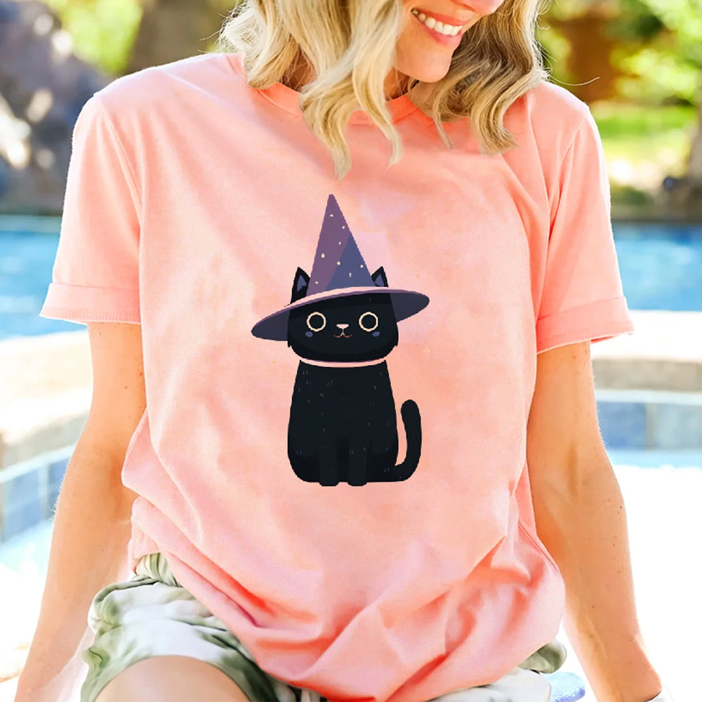Y2K Cotton Casual Women's T - Shirt Short Sleeve Round Neck Fitted, Colorful Cute Cartoon Witchy Black Cat with Purple Hat Print
Y2K Cotton Casual Women's T - Shirt Short Sleeve Round Neck Fitted, Colorful Cute Cartoon Witchy Black Cat with Purple Hat Print