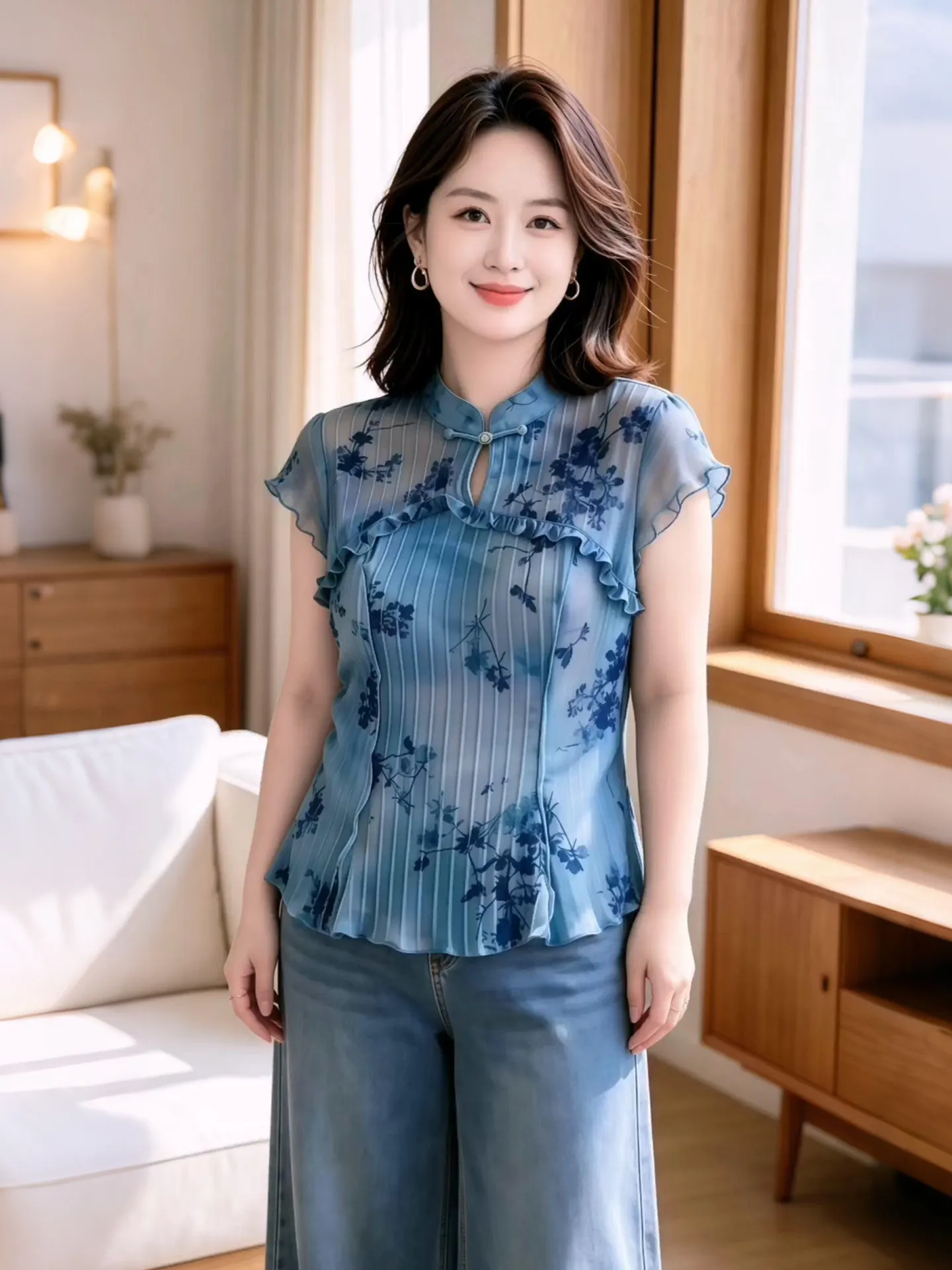 Fashionable Unique Blue Print Short Sleeve Slim Fit Women's Shirt Korean Style Commute Wind Breathable Lightweight Summer New...
Fashionable Unique Blue Print Short Sleeve Slim Fit Women's Shirt Korean Style Commute Wind Breathable Lightweight Summer New...