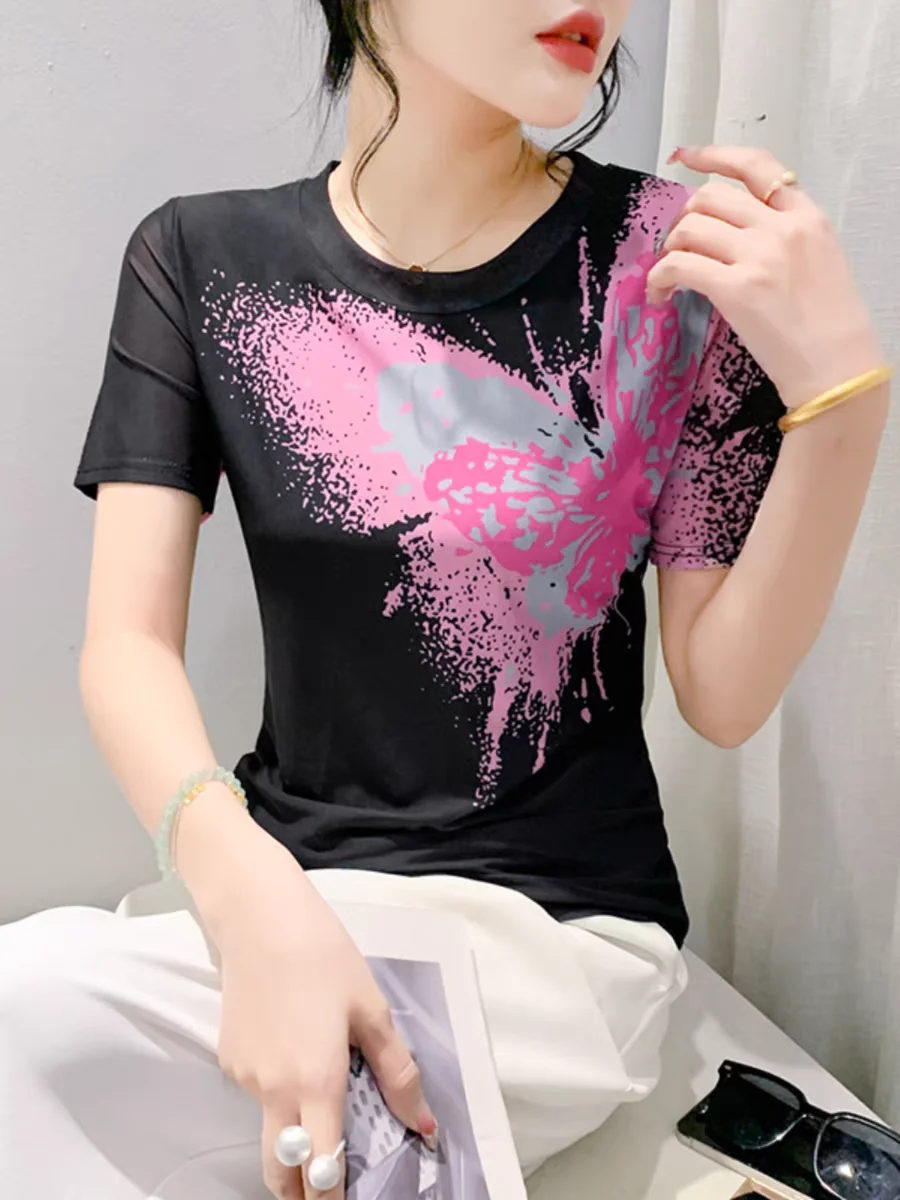 Summer Mesh T-Shirt Women Short Sleeve O Neck T Shirts Lady Elegant Stretchy Printed Butterfly Top Female Tee Shirt
Summer Mesh T-Shirt Women Short Sleeve O Neck T Shirts Lady Elegant Stretchy Printed Butterfly Top Female Tee Shirt