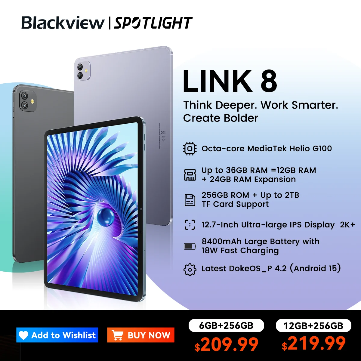 Blackview LINK 8 Tablet 12.7" 2K Display Octa-Core MT8781, 8400mAh Battery, 18W Fast Charging 16MP Camera Android Tablet
Blackview LINK 8 Tablet 12.7" 2K Display Octa-Core MT8781, 8400mAh Battery, 18W Fast Charging 16MP Camera Android Tablet