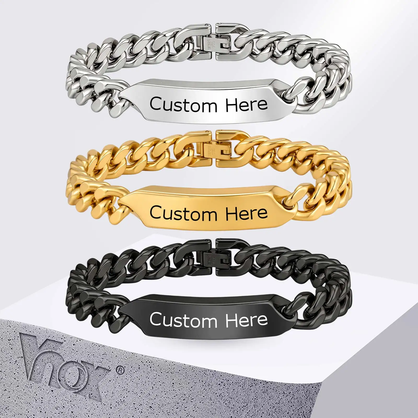Vnox Free Custom Engraved Name ID Bracelet for Men, Stainless Steel Cuban Link Chain Personalized Wristband Jewelry Gift
Vnox Free Custom Engraved Name ID Bracelet for Men, Stainless Steel Cuban Link Chain Personalized Wristband Jewelry Gift