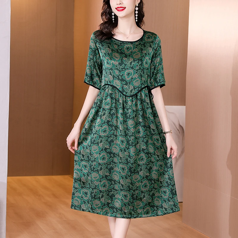 Retro Flower Printed Silk Short Sleeve Dress 2023 Summer New O-Neck Loose Large Size Lady Style Slim Mid length Dress
Retro Flower Printed Silk Short Sleeve Dress 2023 Summer New O-Neck Loose Large Size Lady Style Slim Mid length Dress