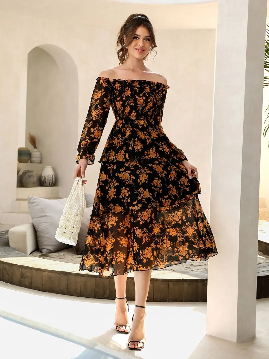 Floral Print Off Shoulder Shirred Flounce Sleeve Layered Hem Midi Dress Women Elegant Evening Outfit
Floral Print Off Shoulder Shirred Flounce Sleeve Layered Hem Midi Dress Women Elegant Evening Outfit