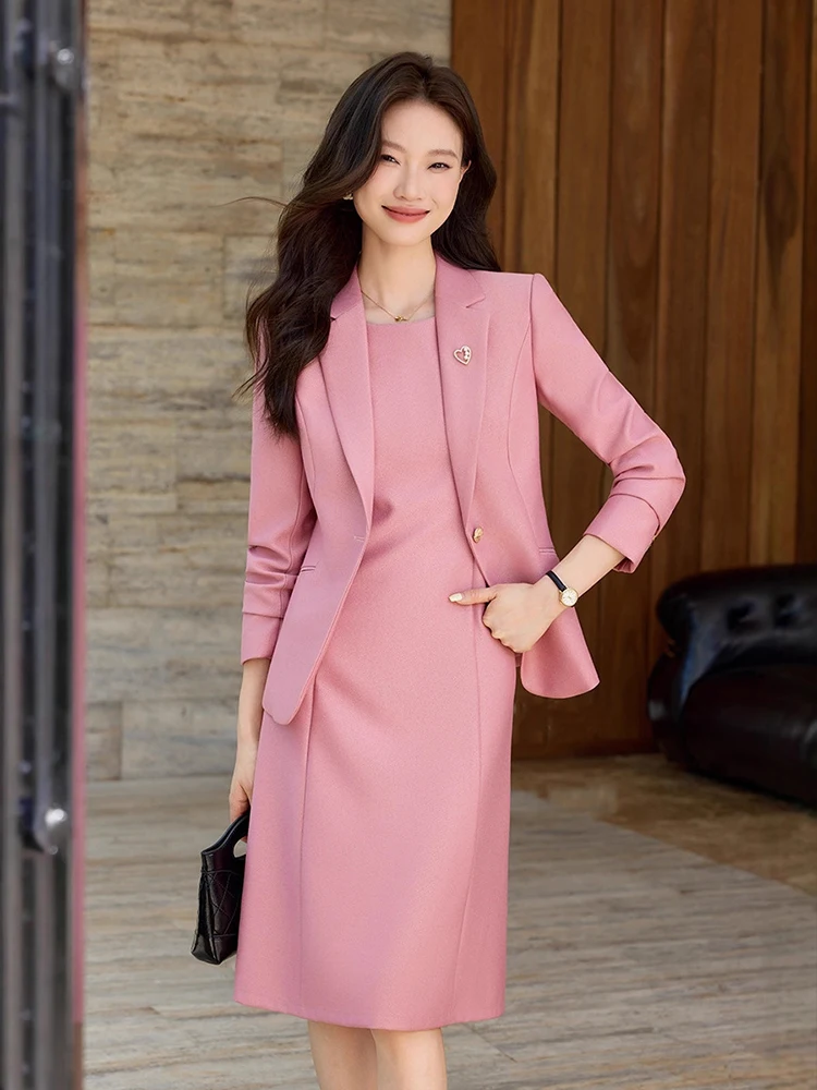 Pink Elegant Office Dress Set New Fashionable Long Sleeve Single Button Casual Slimming Women Dress Two Piece Set
Pink Elegant Office Dress Set New Fashionable Long Sleeve Single Button Casual Slimming Women Dress Two Piece Set