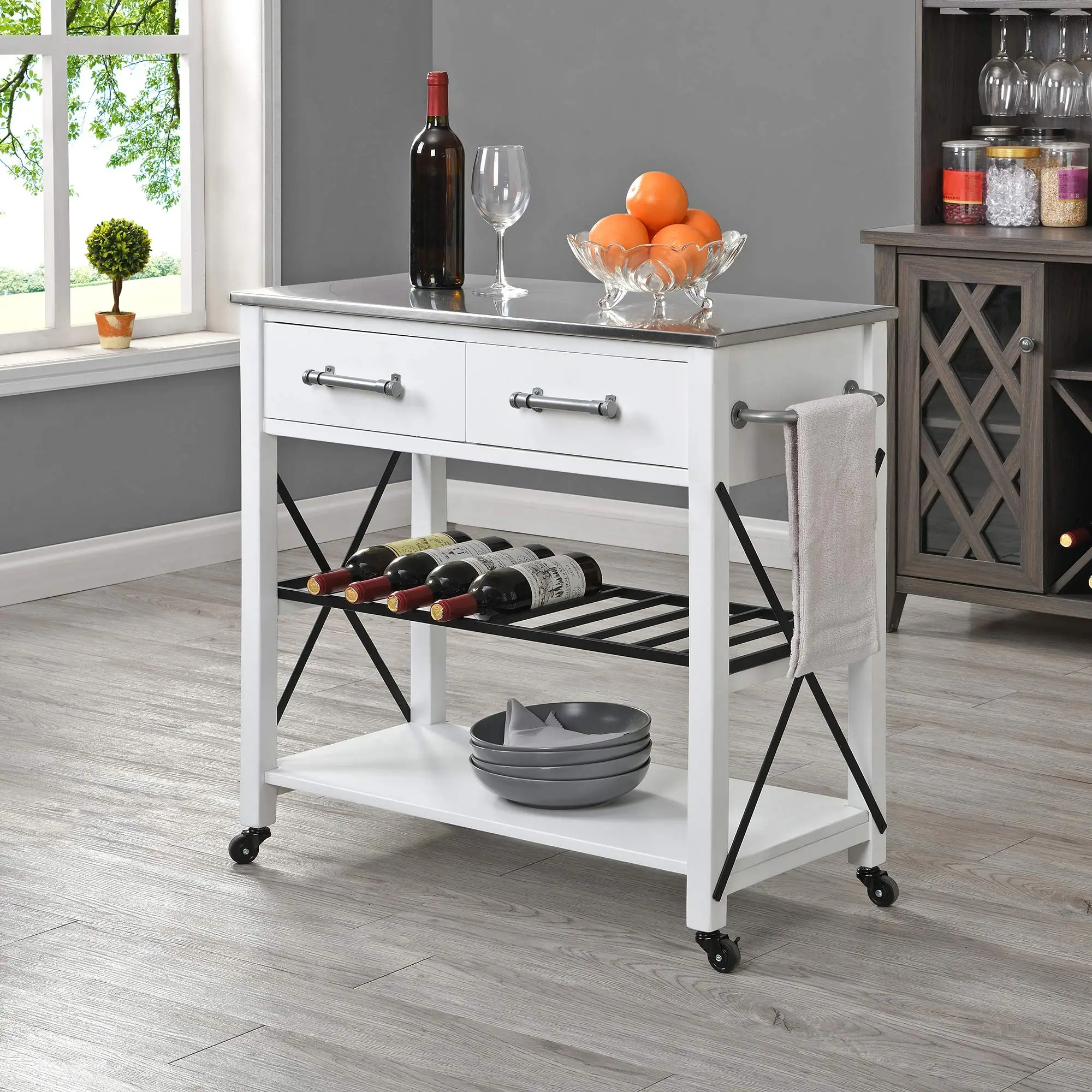 Kitchen Cart With Stainless Steel Top, 2 Drawers, Wine Rack And Shelf On Wheels
Kitchen Cart With Stainless Steel Top, 2 Drawers, Wine Rack And Shelf On Wheels