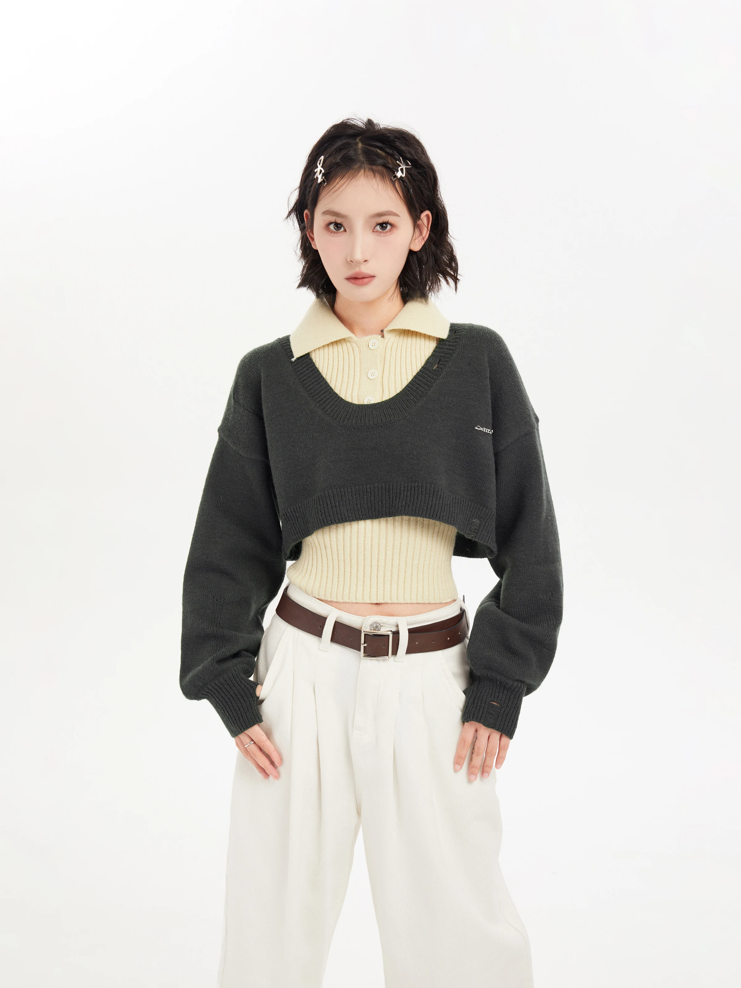 Pullover Shirt Women's Color Matching Fashion Loose Casual Polo Lapel Long Sleeve Autumn Winter Short Slim Fit Top Two-Piece Set
Pullover Shirt Women's Color Matching Fashion Loose Casual Polo Lapel Long Sleeve Autumn Winter Short Slim Fit Top Two-Piece Set