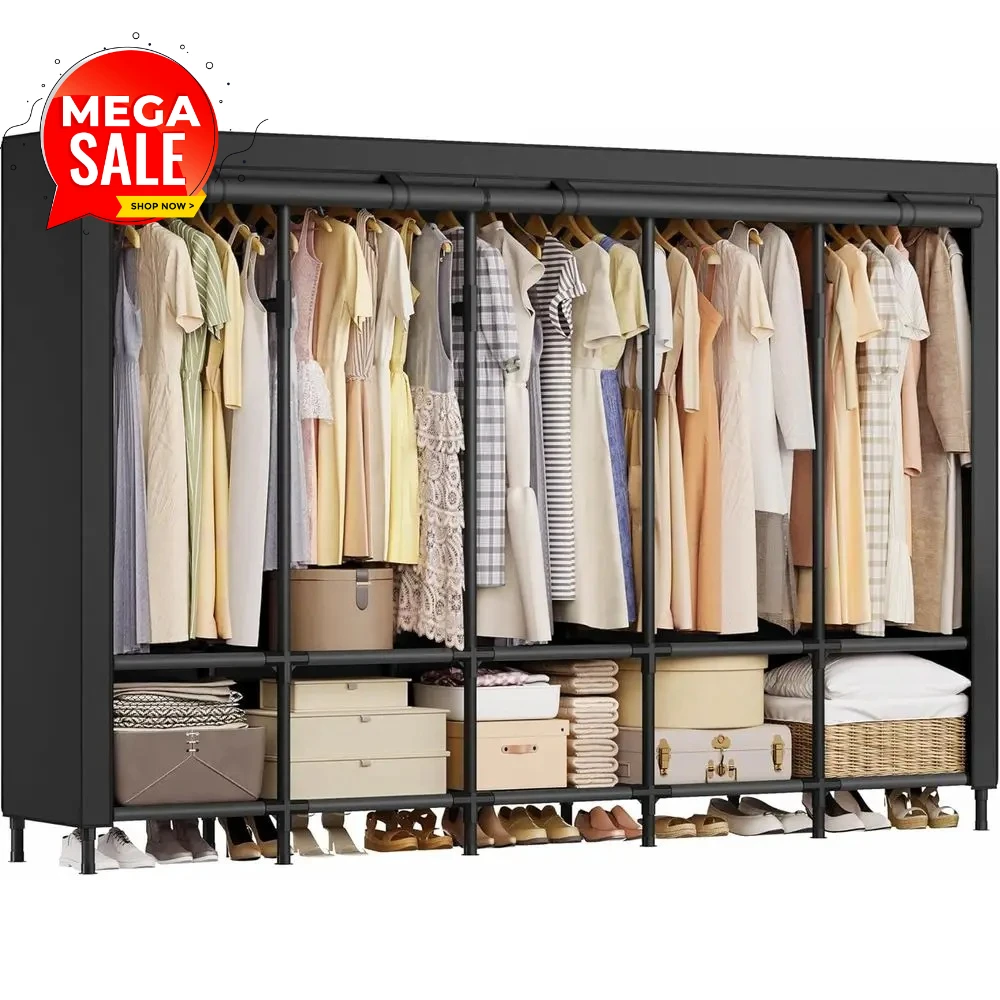83.5 Portable Steel Closet Organizer with Fabric Cover, 5 Rails, 10 Shelves, Black
83.5 Portable Steel Closet Organizer with Fabric Cover, 5 Rails, 10 Shelves, Black