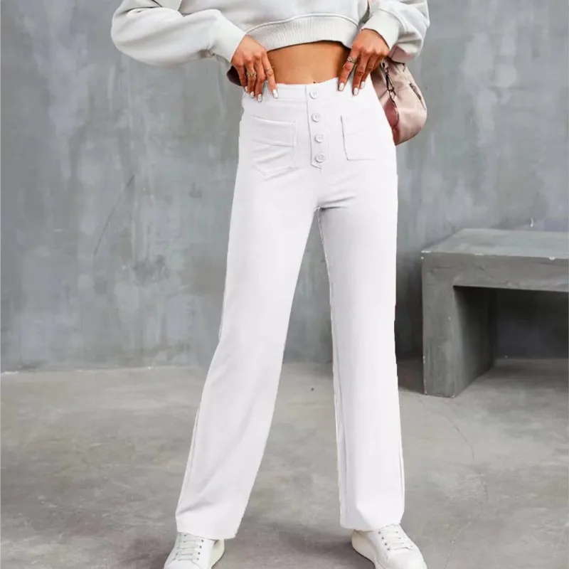 Women's Casual High Stretch Waist Pants High Waist Button With Multiple Pockets Trousers Solid Color Loose Straight Version
Women's Casual High Stretch Waist Pants High Waist Button With Multiple Pockets Trousers Solid Color Loose Straight Version