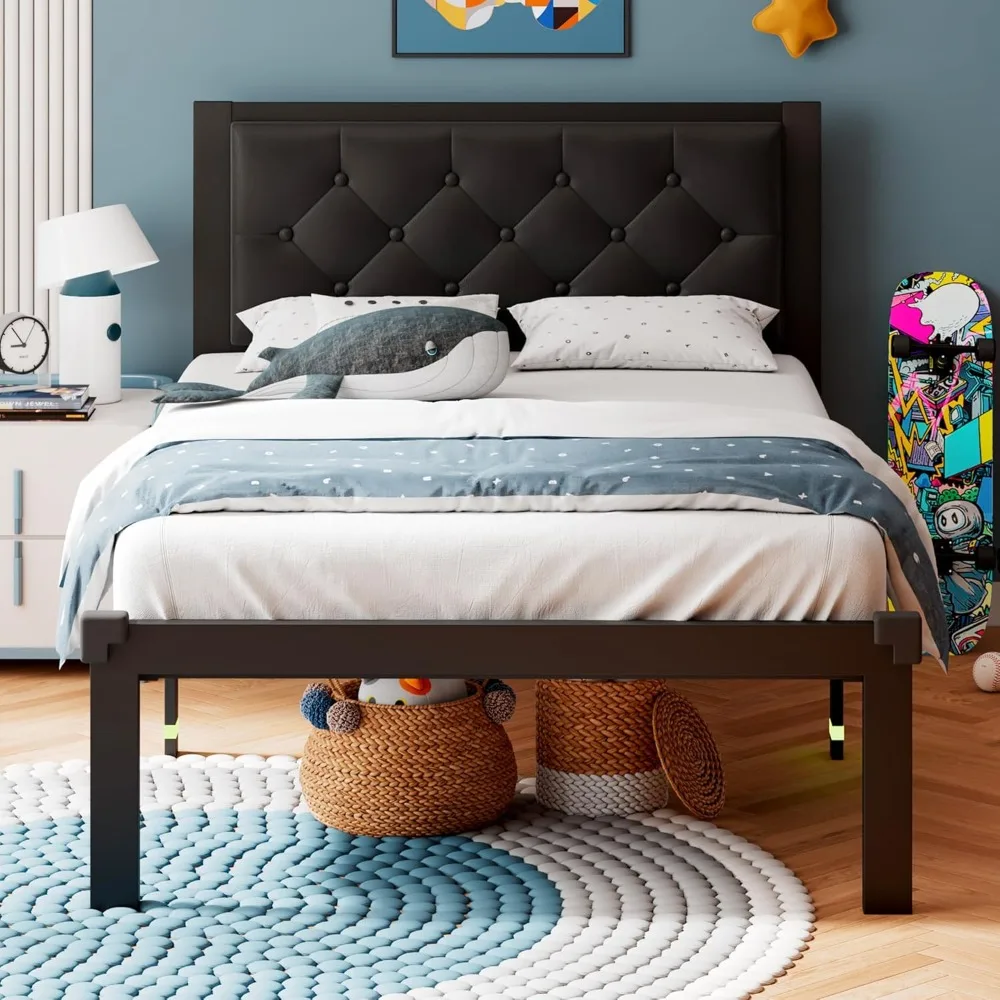 Twin Size Metal Bed Frame, Faux Leather Platform Bed Frame with Button Tufted Headboard, 12" Underbed Space, Steel Slats
Twin Size Metal Bed Frame, Faux Leather Platform Bed Frame with Button Tufted Headboard, 12" Underbed Space, Steel Slats