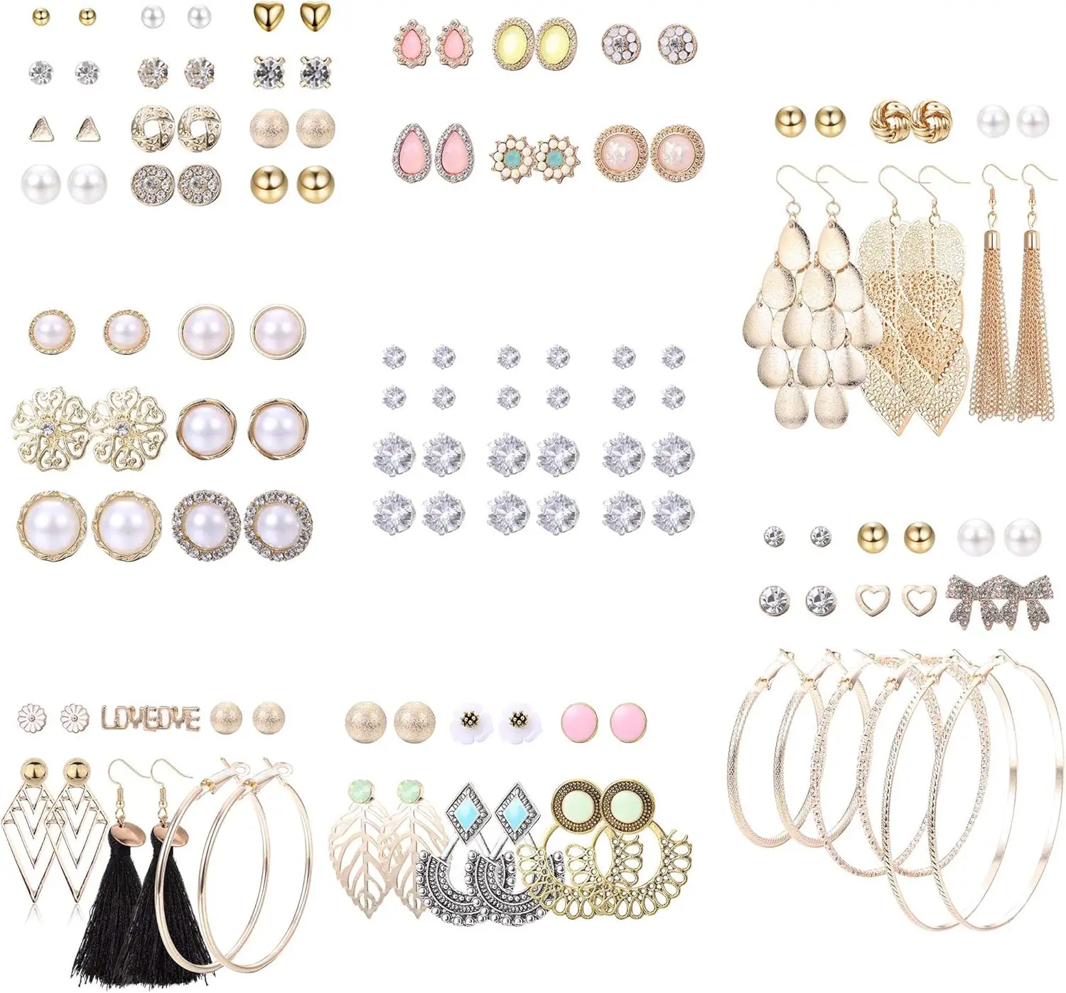 61-63 Pairs Cute Flower Hoop Geometric Leaf Heart Pearl Stud Earrings Set for Women
61-63 Pairs Cute Flower Hoop Geometric Leaf Heart Pearl Stud Earrings Set for Women