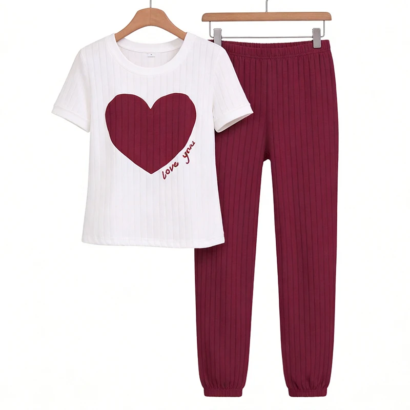Sweet Love Pajama Women's Set Autumn Fleece Pit Bar Round Neck Short Sleeve Pants Two Piece Set Comfortable Home Clothes
Sweet Love Pajama Women's Set Autumn Fleece Pit Bar Round Neck Short Sleeve Pants Two Piece Set Comfortable Home Clothes