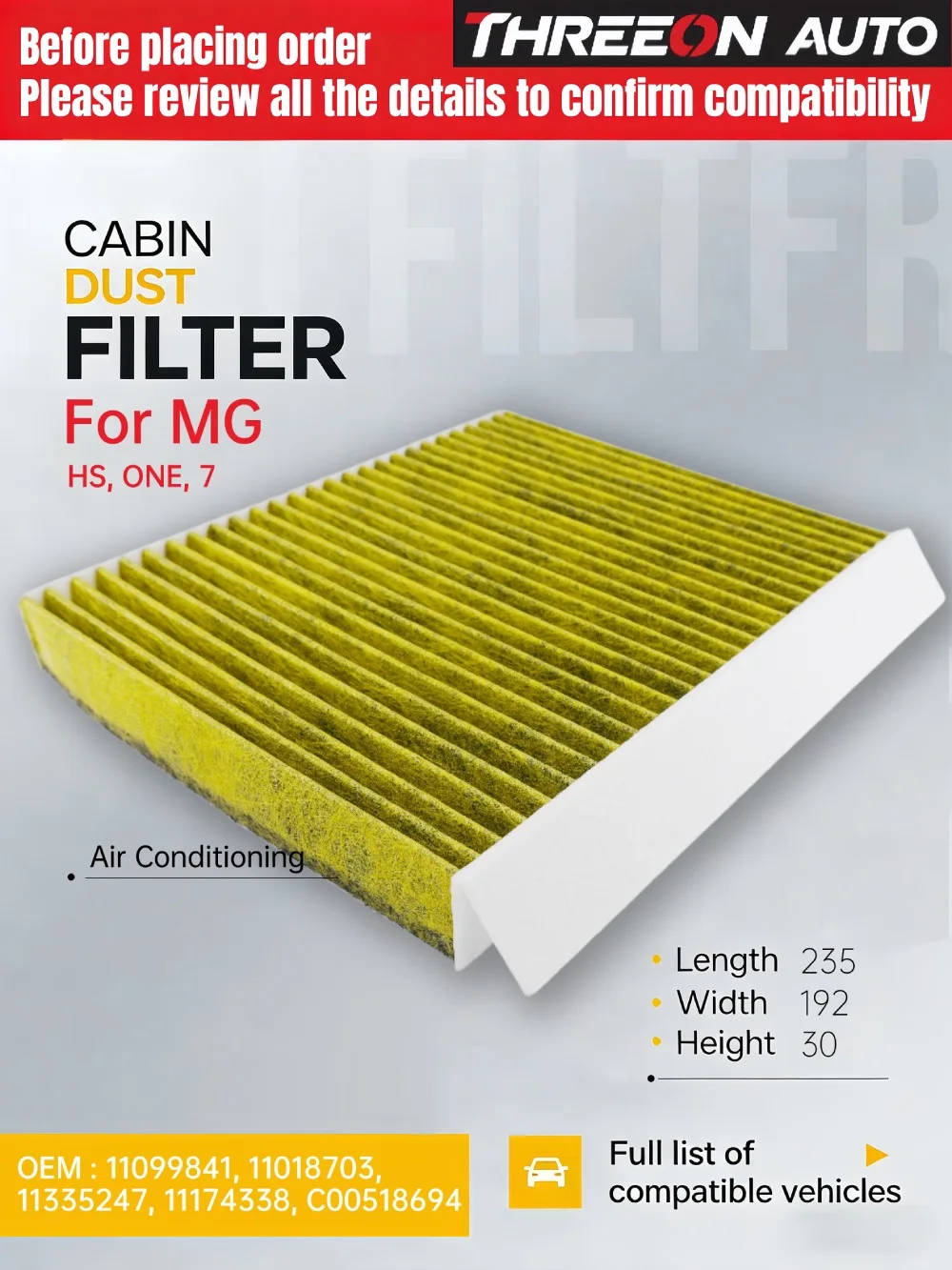 For MG ONE 1.5L Turbo 2024- For MG 7 1.5L Turbo 2022- mk2 11018703 C00518694 WESTGUARD MK9586 Cabin Air Filter
For MG ONE 1.5L Turbo 2024- For MG 7 1.5L Turbo 2022- mk2 11018703 C00518694 WESTGUARD MK9586 Cabin Air Filter