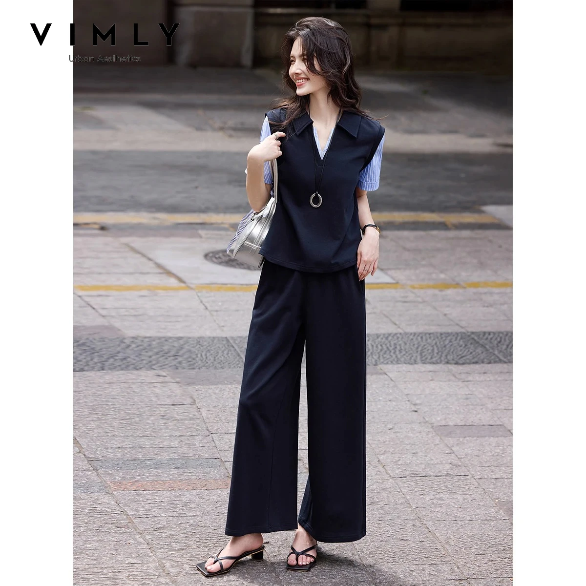 VIMLY Office 2 Piece Set 2026 Summer New Fake Two-Piece Stripe Spliced Short Sleeve Tee Wide Leg Pant Casual Women's Suit A6210
VIMLY Office 2 Piece Set 2026 Summer New Fake Two-Piece Stripe Spliced Short Sleeve Tee Wide Leg Pant Casual Women's Suit A6210