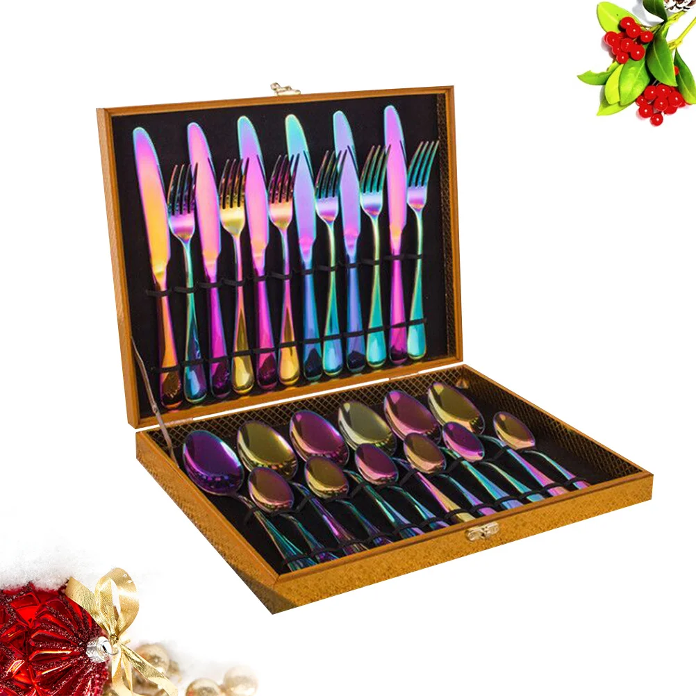 24 in 1 Stainless Steel Cutlery Set Mirror Finish for Home Hotels Party Wooden Box Dinnerware Supplies 
24 in 1 Stainless Steel Cutlery Set Mirror Finish for Home Hotels Party Wooden Box Dinnerware Supplies
