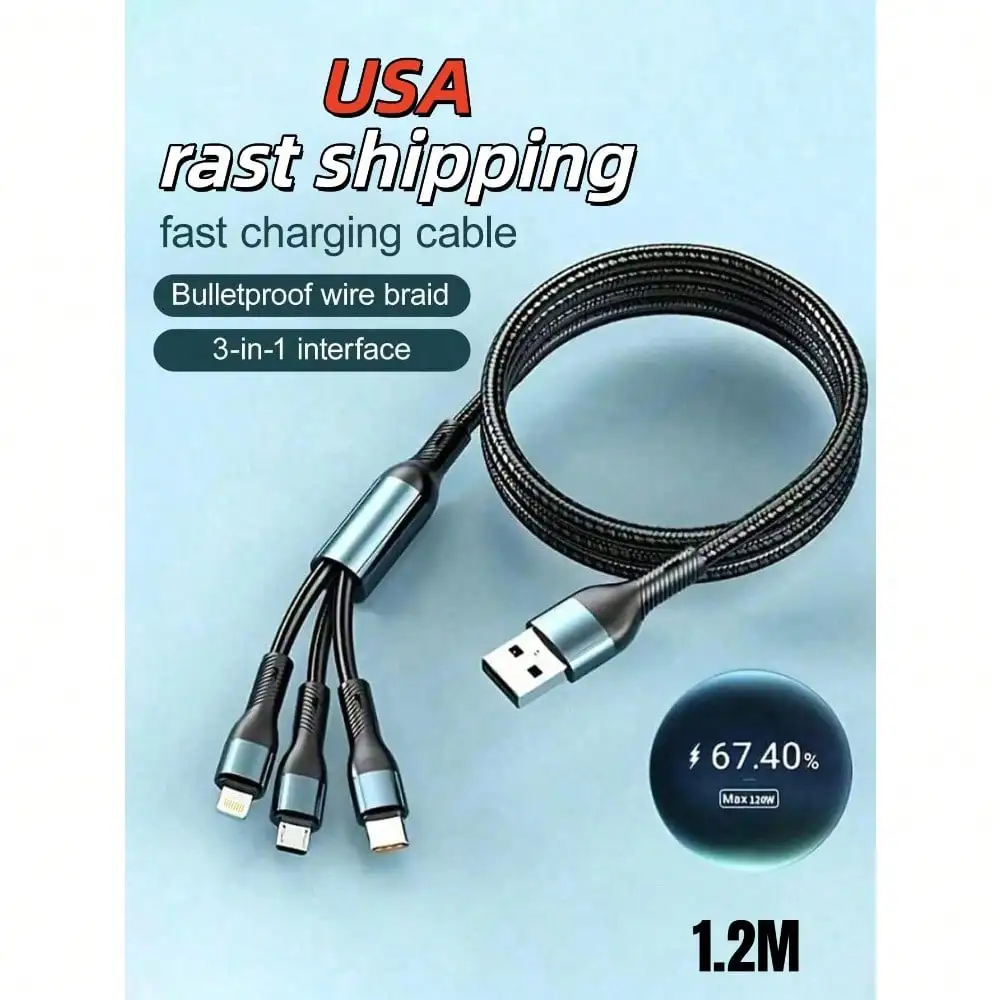 Универсальный кабель для быстрой зарядки 3-в-1, 120 Вт, сверхпрочный, поддерживает быструю зарядку Type-C. Полностью совместим с
Универсальный кабель для быстрой зарядки 3-в-1, 120 Вт, сверхпрочный, поддерживает быструю зарядку Type-C. Полностью совместим с