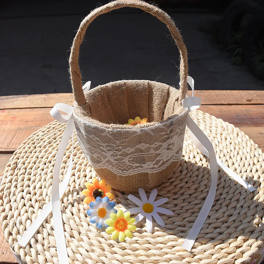 Burlap Woven Flower Basket Wedding Flower Basket with Lace Bow Decor for Party Scene Layout Indoor Outdoor Decor Floral
Burlap Woven Flower Basket Wedding Flower Basket with Lace Bow Decor for Party Scene Layout Indoor Outdoor Decor Floral