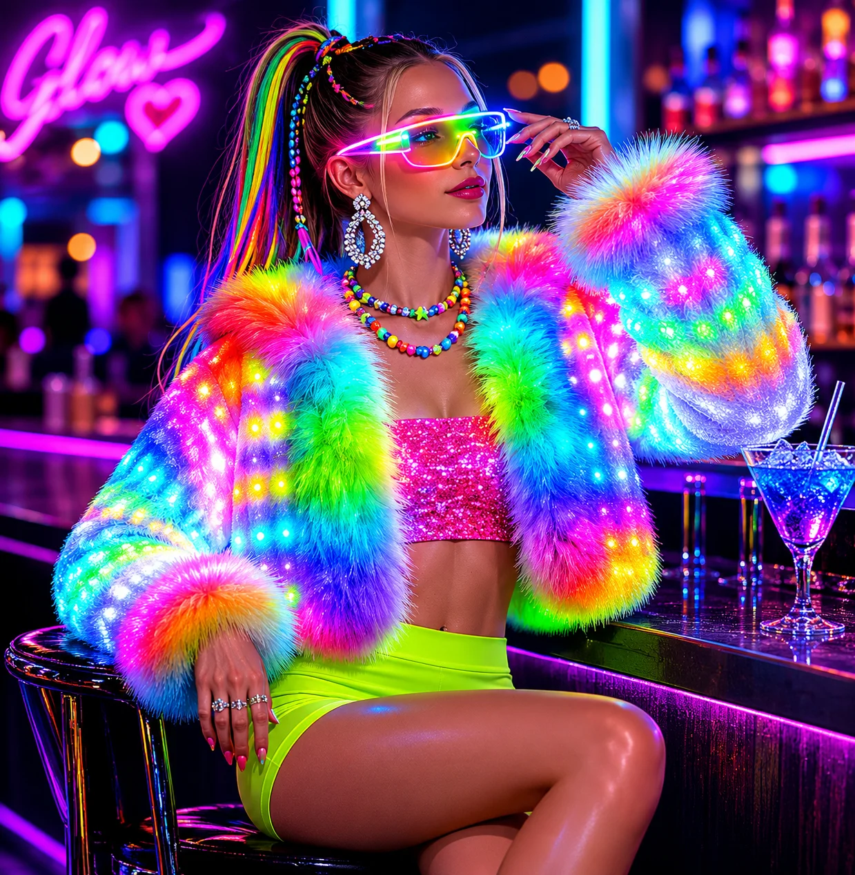 Women’s Rainbow LED Light-Up Cropped Faux Fur Hooded Jacket - Color Changing Glowing Rave Coat for Festivals, Halloween, and Nig
Women’s Rainbow LED Light-Up Cropped Faux Fur Hooded Jacket - Color Changing Glowing Rave Coat for Festivals, Halloween, and Nig