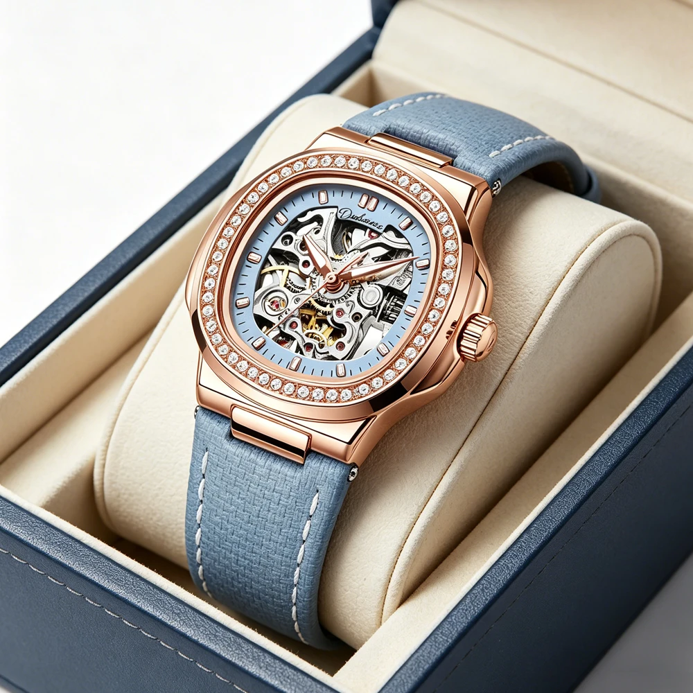 Ladies Automatic Watch Skeleton Mechanical Sky Blue Strap Fashion Diamond Crystal Evening Banquet Dress Watches for Women
Ladies Automatic Watch Skeleton Mechanical Sky Blue Strap Fashion Diamond Crystal Evening Banquet Dress Watches for Women