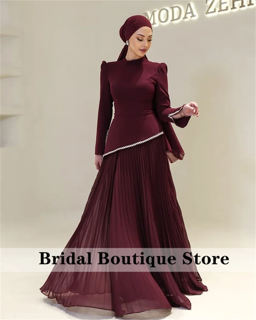 Luxury Wine Red Evening Dresses 2025 High-Neck Long Sleeves Pleats Crystals Muslim Wedding Party Dress Prom Gown Customized
Luxury Wine Red Evening Dresses 2025 High-Neck Long Sleeves Pleats Crystals Muslim Wedding Party Dress Prom Gown Customized
