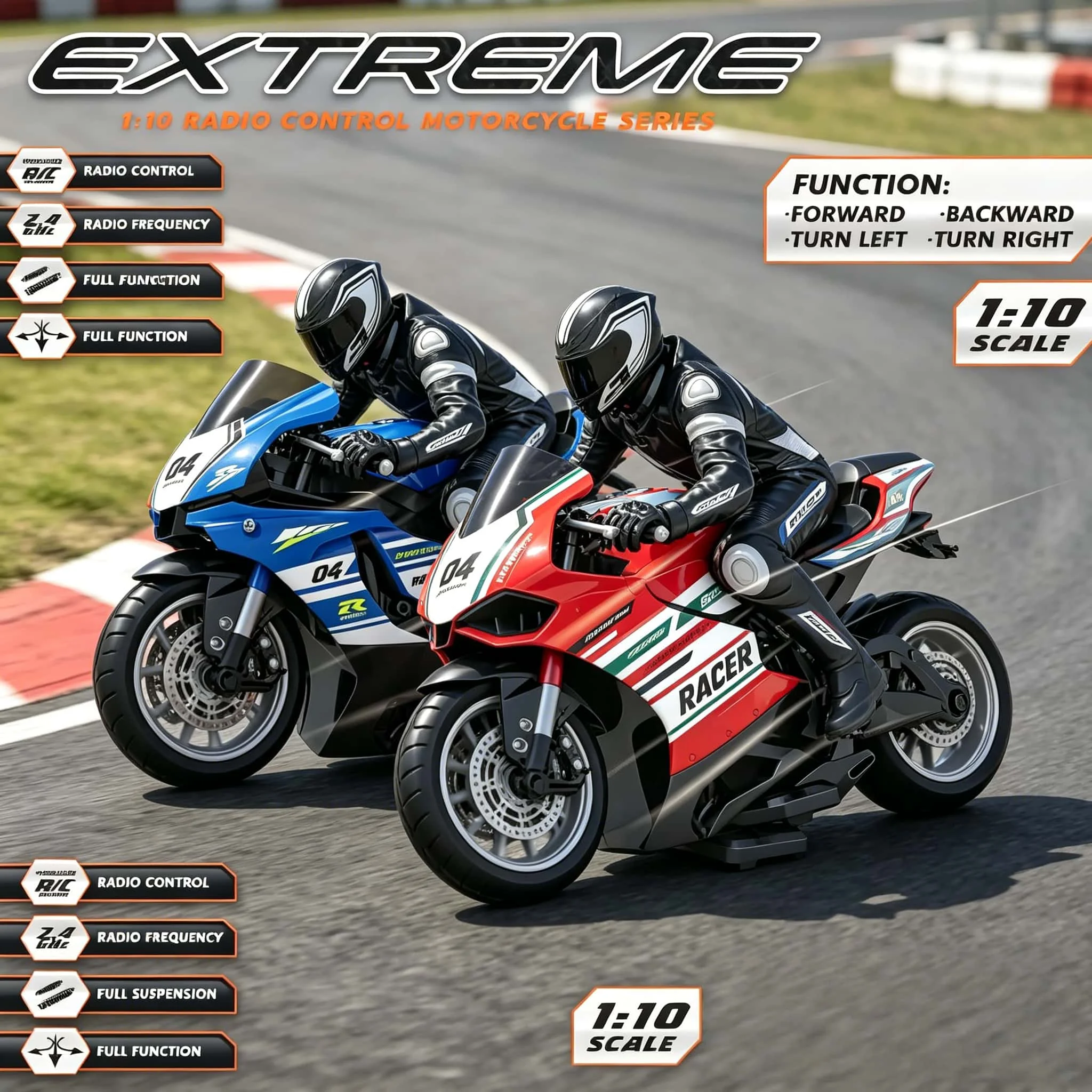 New 2.4G High-Speed Remote Control Motorcycle, Off-Road Stunt Drift 4-Channel RC Model Toy, Holiday Gift
New 2.4G High-Speed Remote Control Motorcycle, Off-Road Stunt Drift 4-Channel RC Model Toy, Holiday Gift