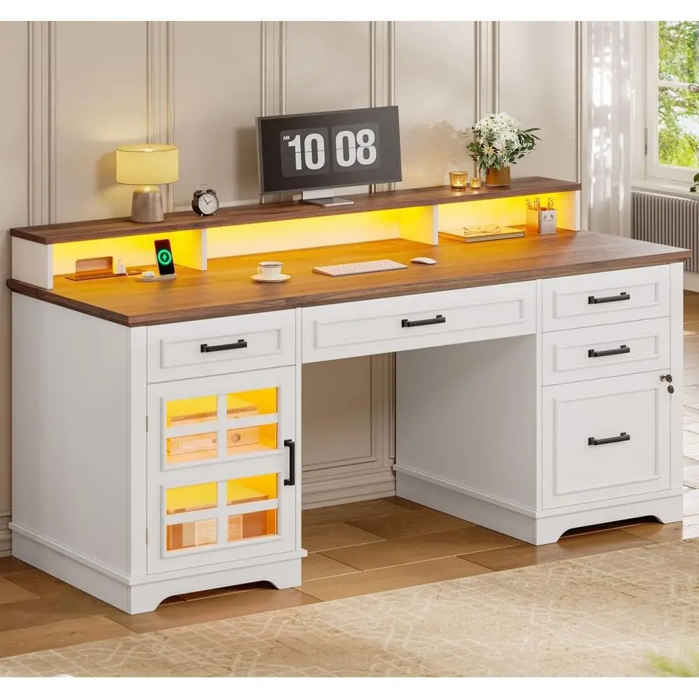 60 Modern Home Office Desk with Power Outlet, LED Light, Monitor Stand, Lockable Drawer, Glass Cabinet, Hooks - White
60 Modern Home Office Desk with Power Outlet, LED Light, Monitor Stand, Lockable Drawer, Glass Cabinet, Hooks - White