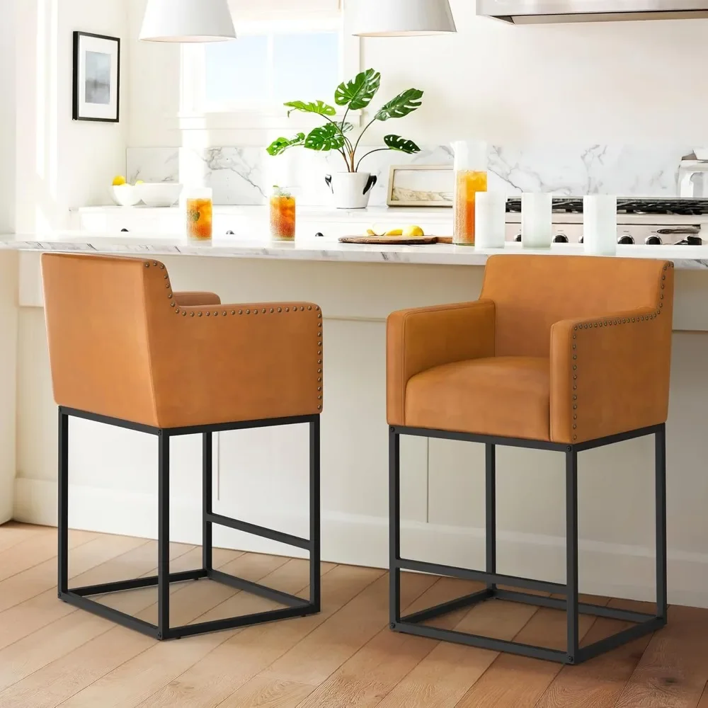 27'' H Counter Height Bar Stools Set of 2,Modern Barstools with Open Arms, Black Metal Frames, Faux Leather Fabric Upholstered.
27'' H Counter Height Bar Stools Set of 2,Modern Barstools with Open Arms, Black Metal Frames, Faux Leather Fabric Upholstered.