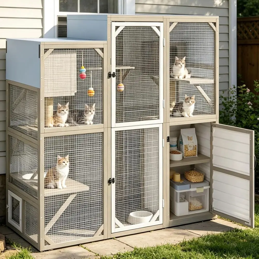 Large 67H Outdoor Walk-in Catio with Adjustable Cabinet, Wooden House, 7 Platforms, Resting Boxes, Scratching Posts, Roll-Up Doo
Large 67H Outdoor Walk-in Catio with Adjustable Cabinet, Wooden House, 7 Platforms, Resting Boxes, Scratching Posts, Roll-Up Doo
