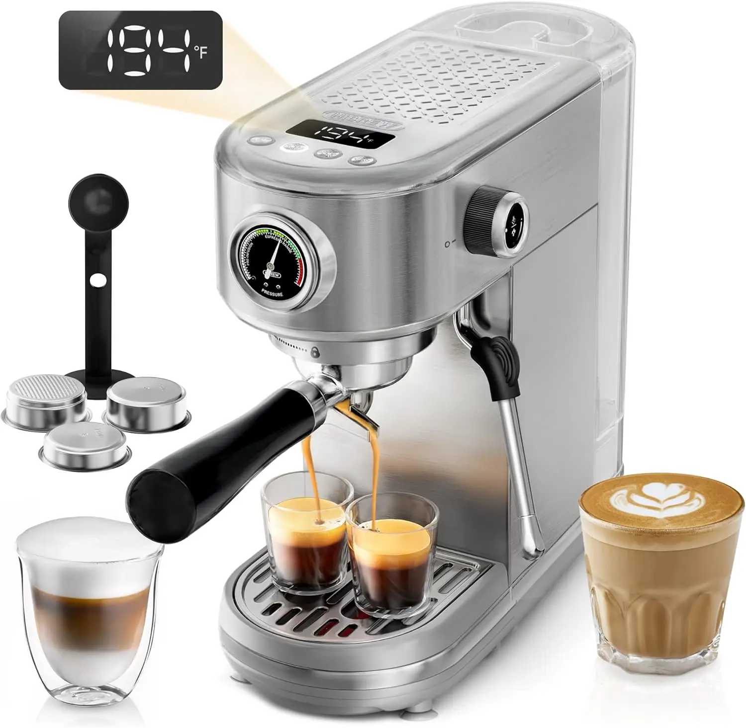 20 Bar Espresso Machine with Steam Milk Frother, Stainless Steel, LED Display, Adjustable Temperature & Cup Volume
20 Bar Espresso Machine with Steam Milk Frother, Stainless Steel, LED Display, Adjustable Temperature & Cup Volume